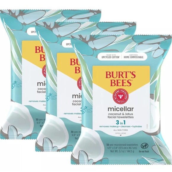 3 PACK Burt's Bees 3 in 1 Facial Cleansing Towelettes & Makeup Remover Wipes - Picture 1 of 7